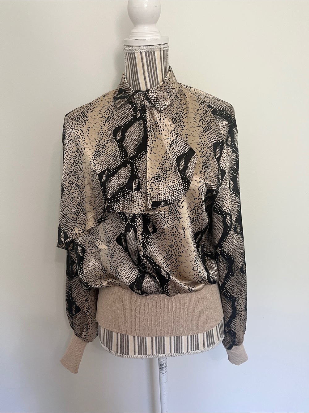 VINTAGE - Castleberry- Beige and Black Snake-Print Ruffle Blouse